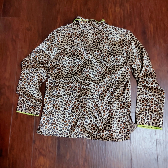 Betsey Johnson leopard print pajamas PJs 2 piece set lime trim slick soft satin - Picture 6 of 8